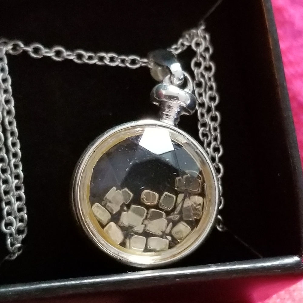 Bubble locket necklace with gold cubes inside pyrite? silver tone